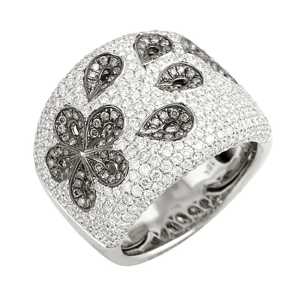 Black & White Diamond Floral Cocktail Ring in 18K White Gold