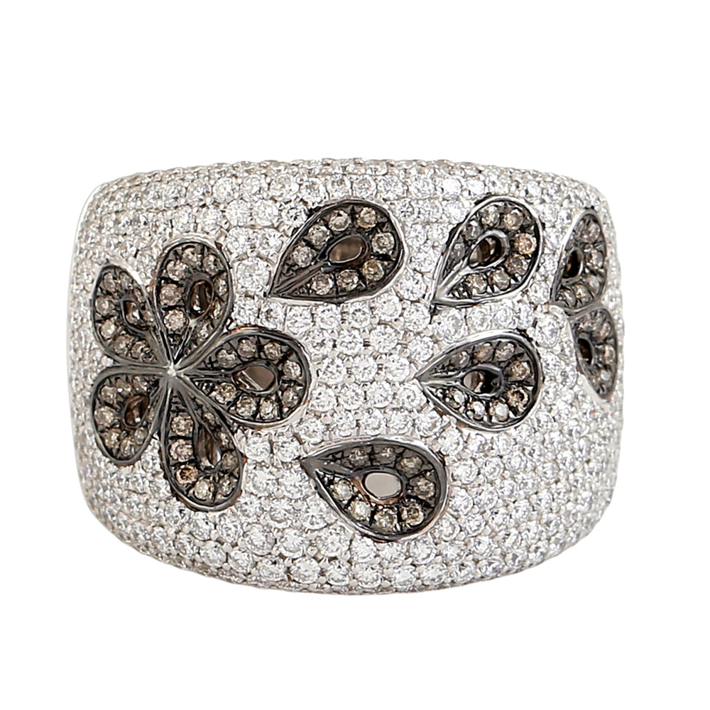Black & White Diamond Floral Cocktail Ring in 18K White Gold