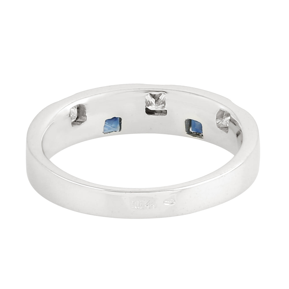 Natural Square Blue Sapphire & Diamond Band Ring Solid 18K White Gold