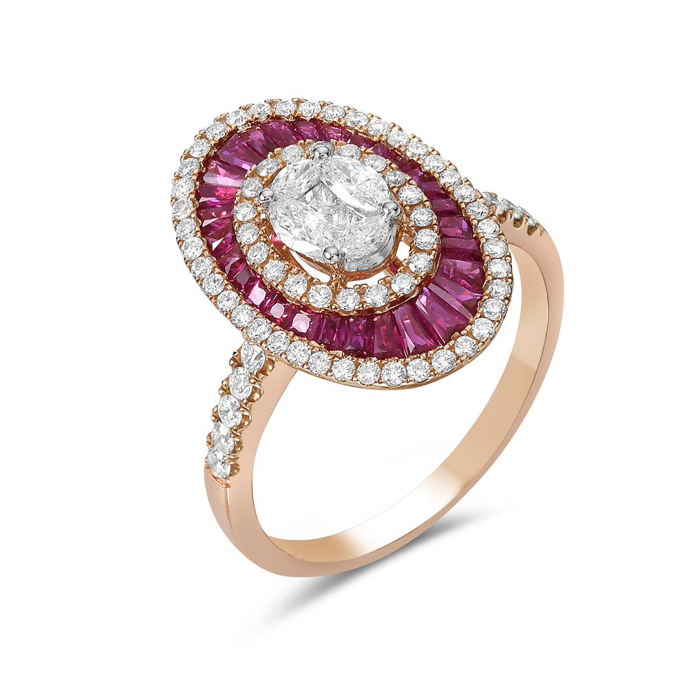 Baguette Ruby Channel Set Pave Natural Diamond Designer Ring In Rose Gold