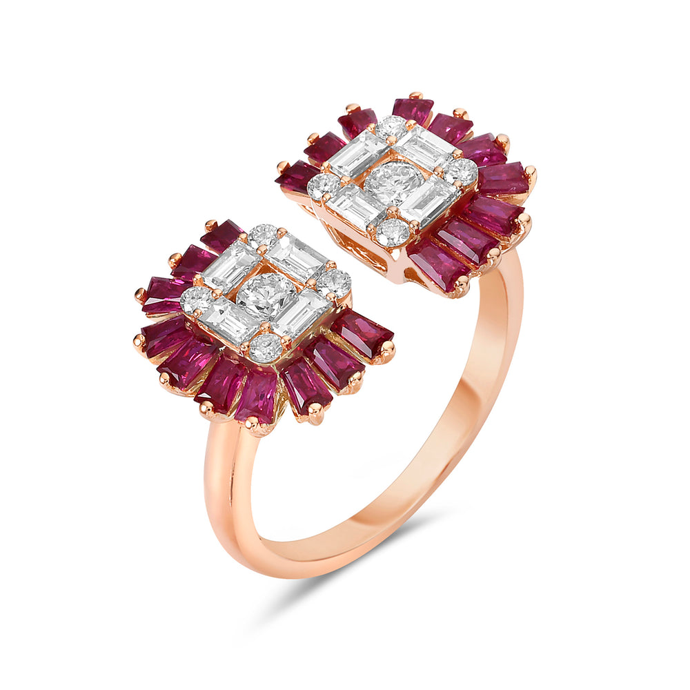 Beautiful Ruby Diamond Half Sun Burst Between The Finger Ring In 18k Rose Gold