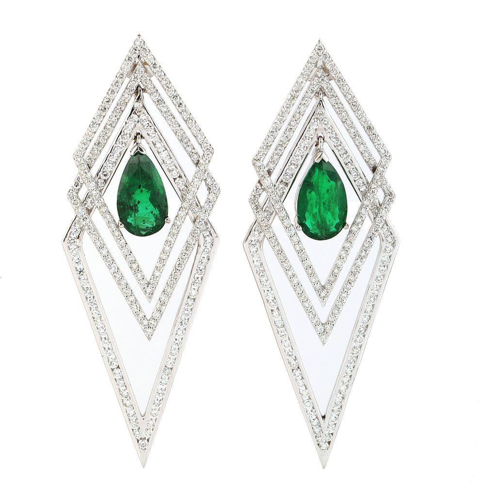 Pear Cut Emerald Pave Diamond Geometric Dangler Earrings In White Gold