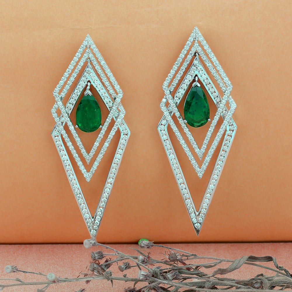 Pear Cut Emerald Pave Diamond Geometric Dangler Earrings In White Gold