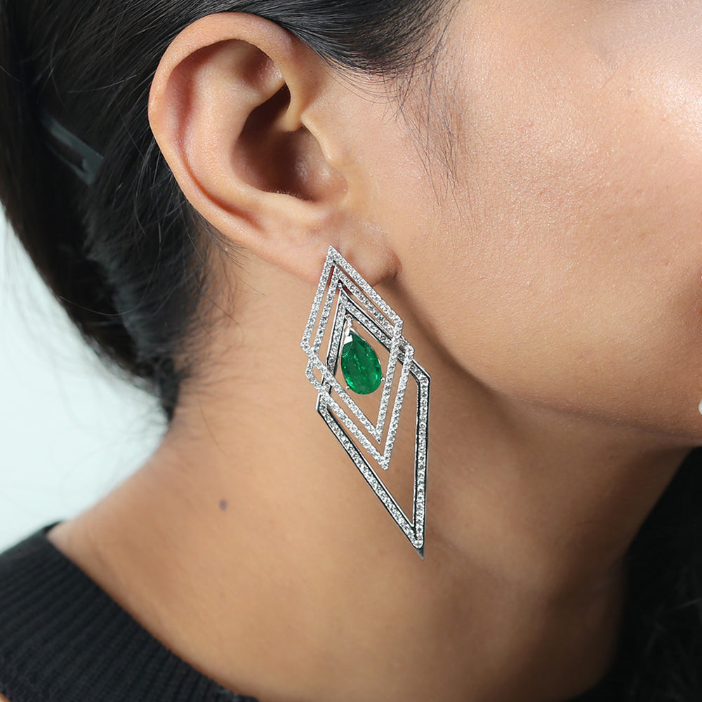 Pear Cut Emerald Pave Diamond Geometric Dangler Earrings In White Gold