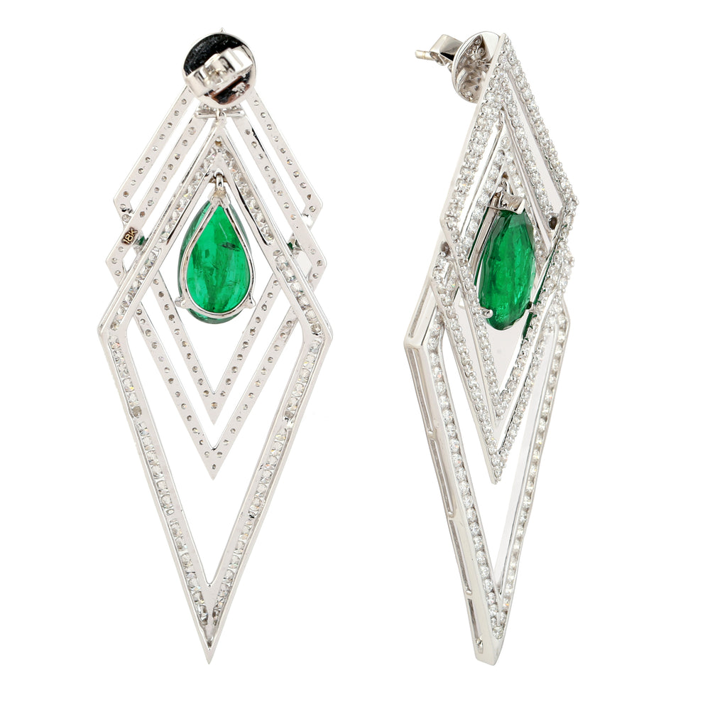 Pear Cut Emerald Pave Diamond Geometric Dangler Earrings In White Gold