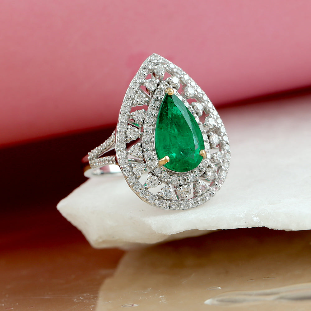 Emerald Precious Gemstone Pave Diamond Pear Wedding Ring In 18K White Gold