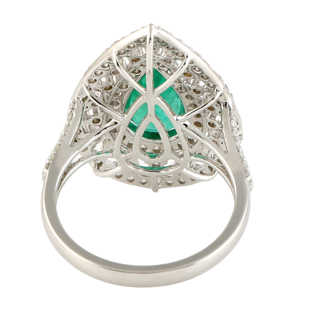 Emerald Precious Gemstone Pave Diamond Pear Wedding Ring In 18K White Gold