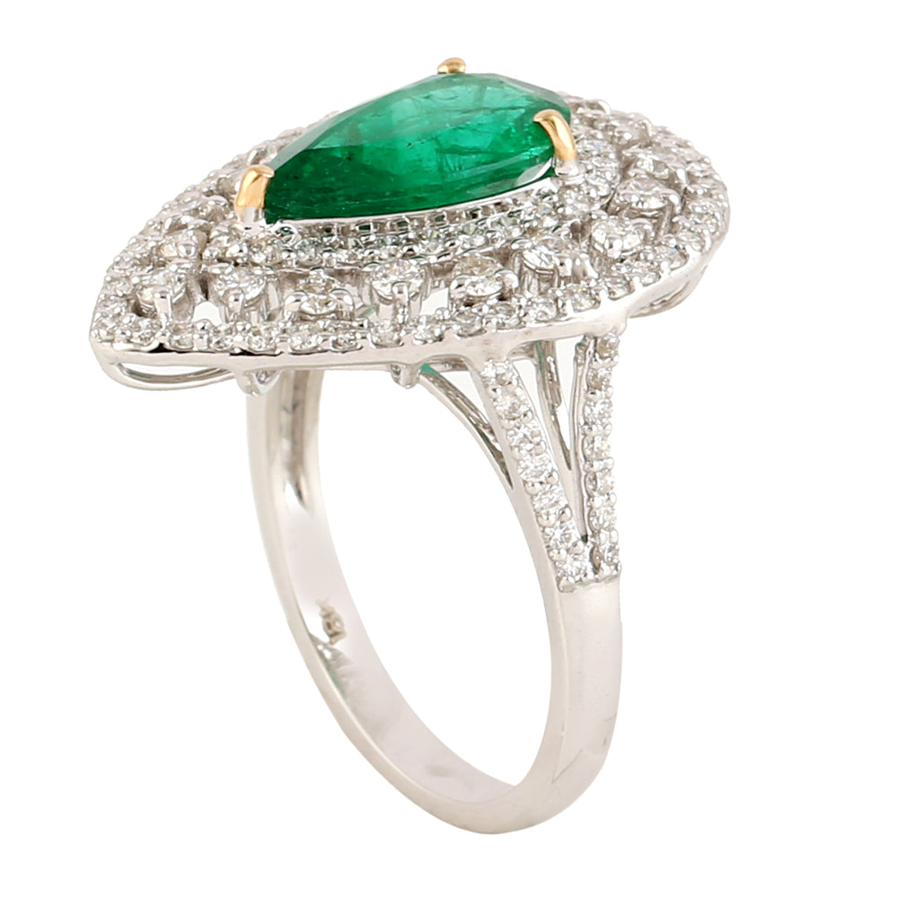 Emerald Precious Gemstone Pave Diamond Pear Wedding Ring In 18K White Gold