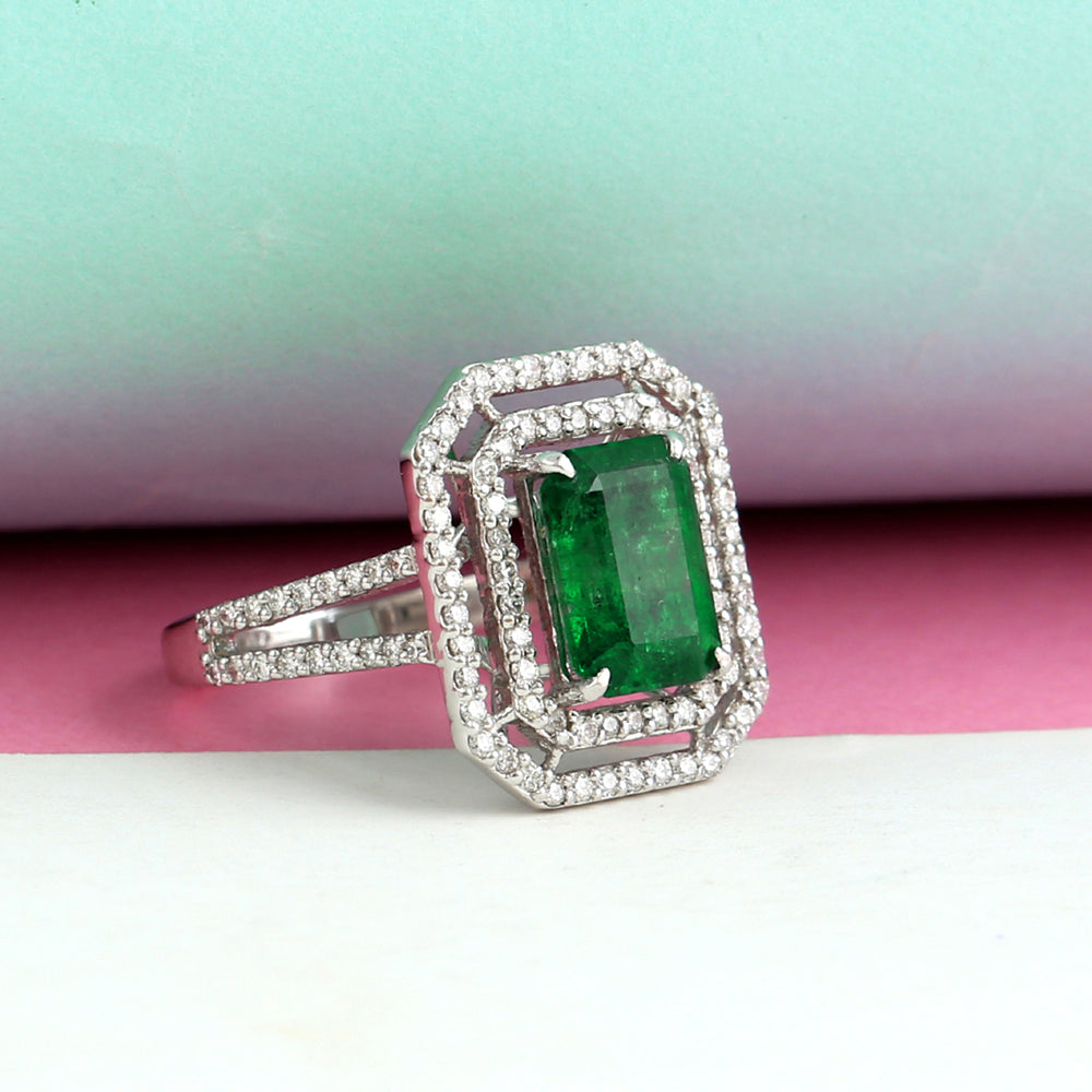 Emerald Cut Emerald May Birthstone Pave Diamond Solitaire Ring In 14K White Gold