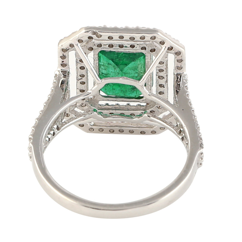 Emerald Cut Emerald May Birthstone Pave Diamond Solitaire Ring In 14K White Gold