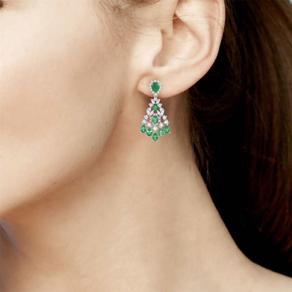 Pear Cut Emerald Prong Uncut Diamond Chandelier Earrings in 18K White Gold