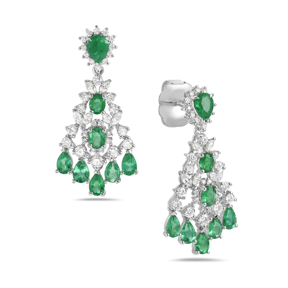 Pear Cut Emerald Prong Uncut Diamond Chandelier Earrings in 18K White Gold