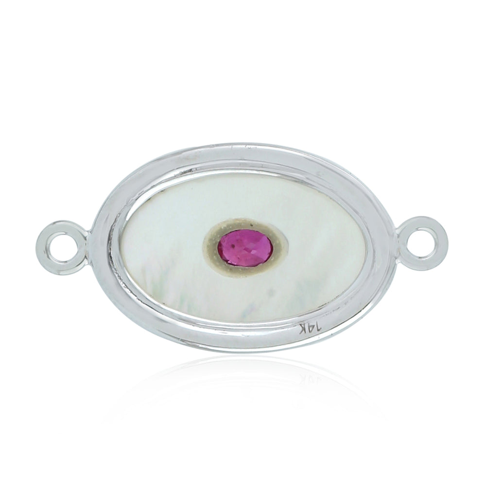 Oval Cut MOP Bezel Ruby Pave Diamond Evil Eye Connector Finding In White Gold