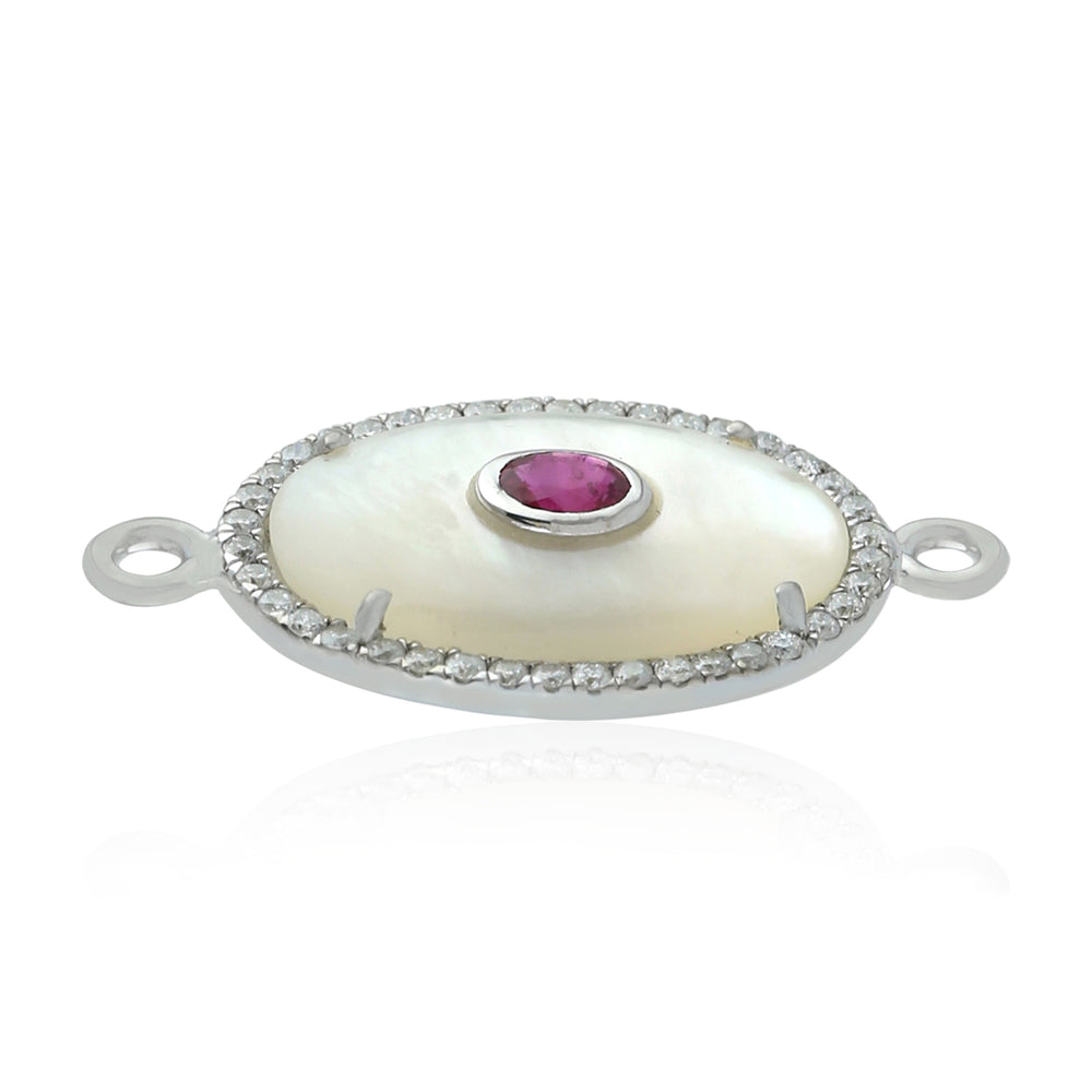 Oval Cut MOP Bezel Ruby Pave Diamond Evil Eye Connector Finding In White Gold