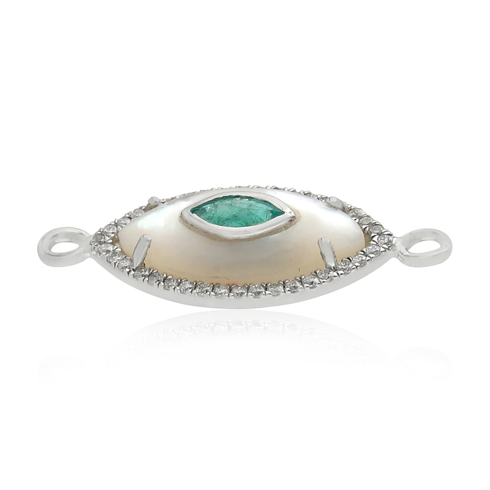 Marquise Cut Emerald MOP Pave Diamond Evil Eye Connector Finding In White Gold
