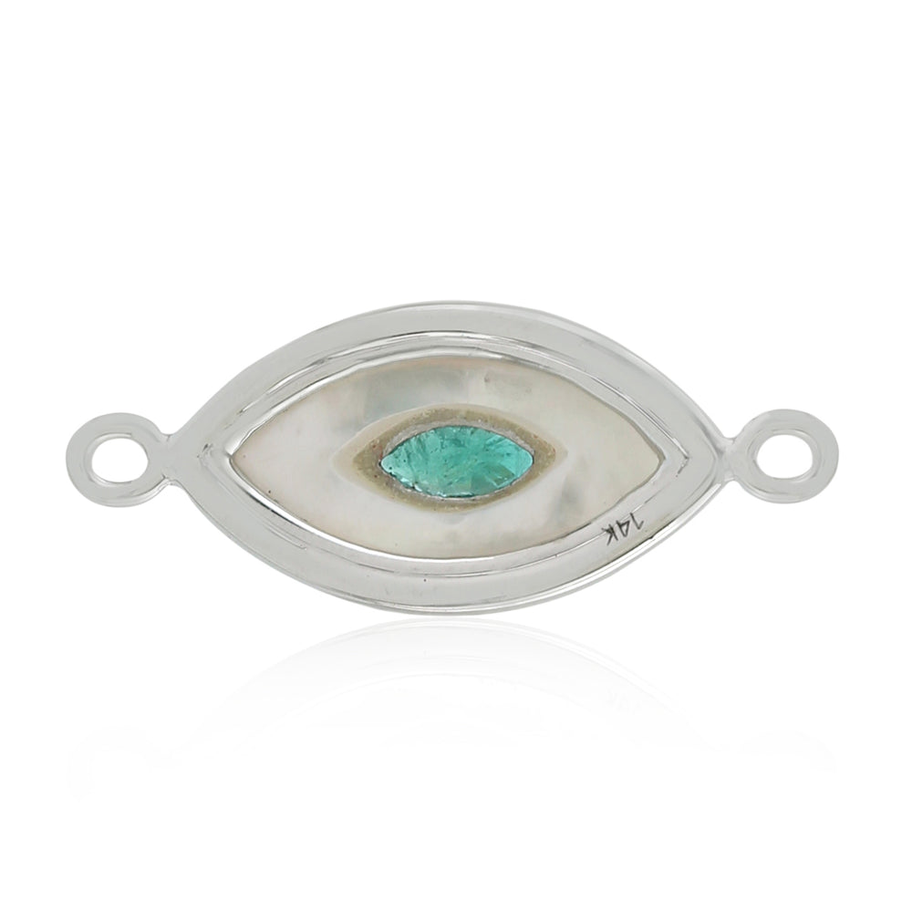 Marquise Cut Emerald MOP Pave Diamond Evil Eye Connector Finding In White Gold