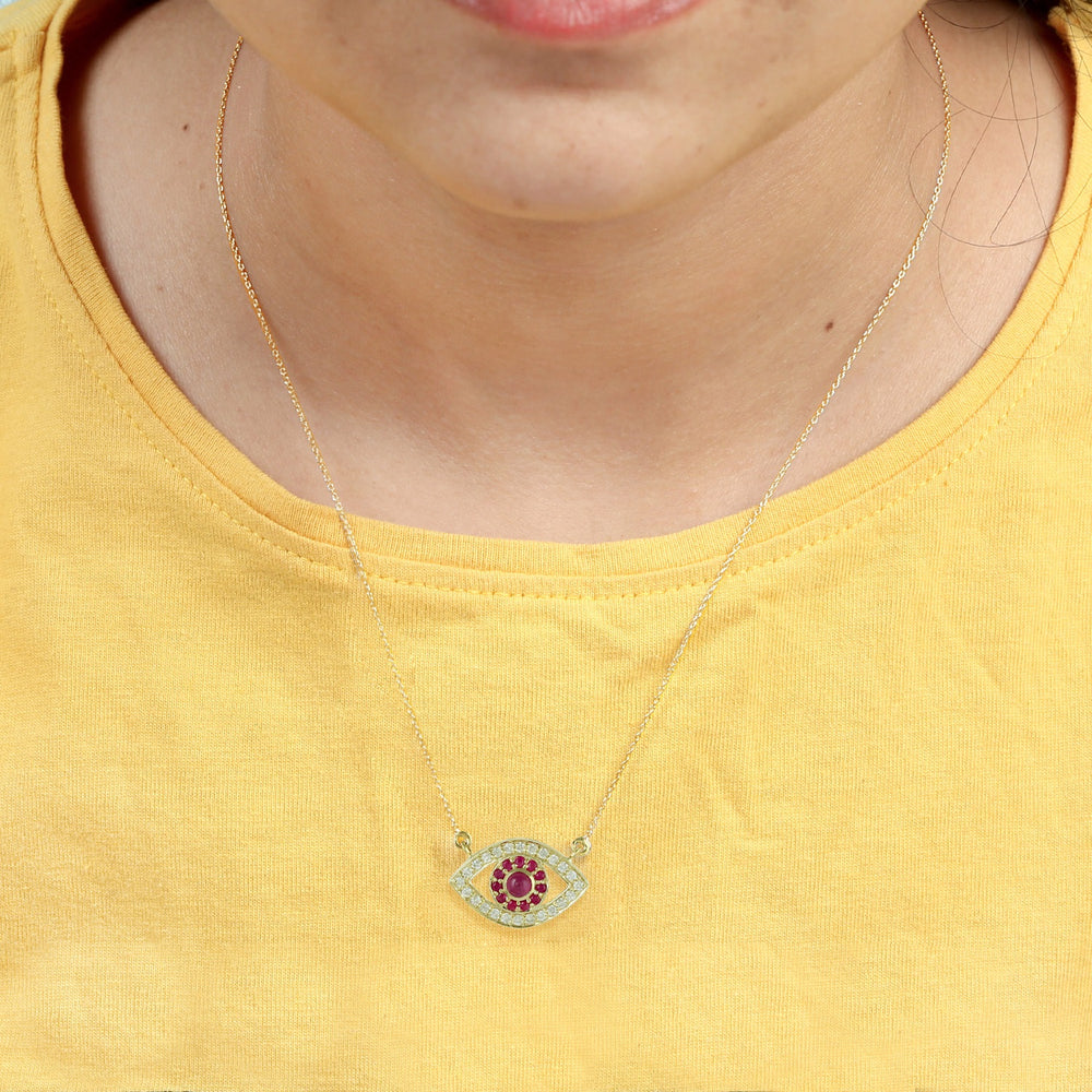14K Yellow Gold Pave Ruby & Diamond Evil Eye Design Choker Necklace