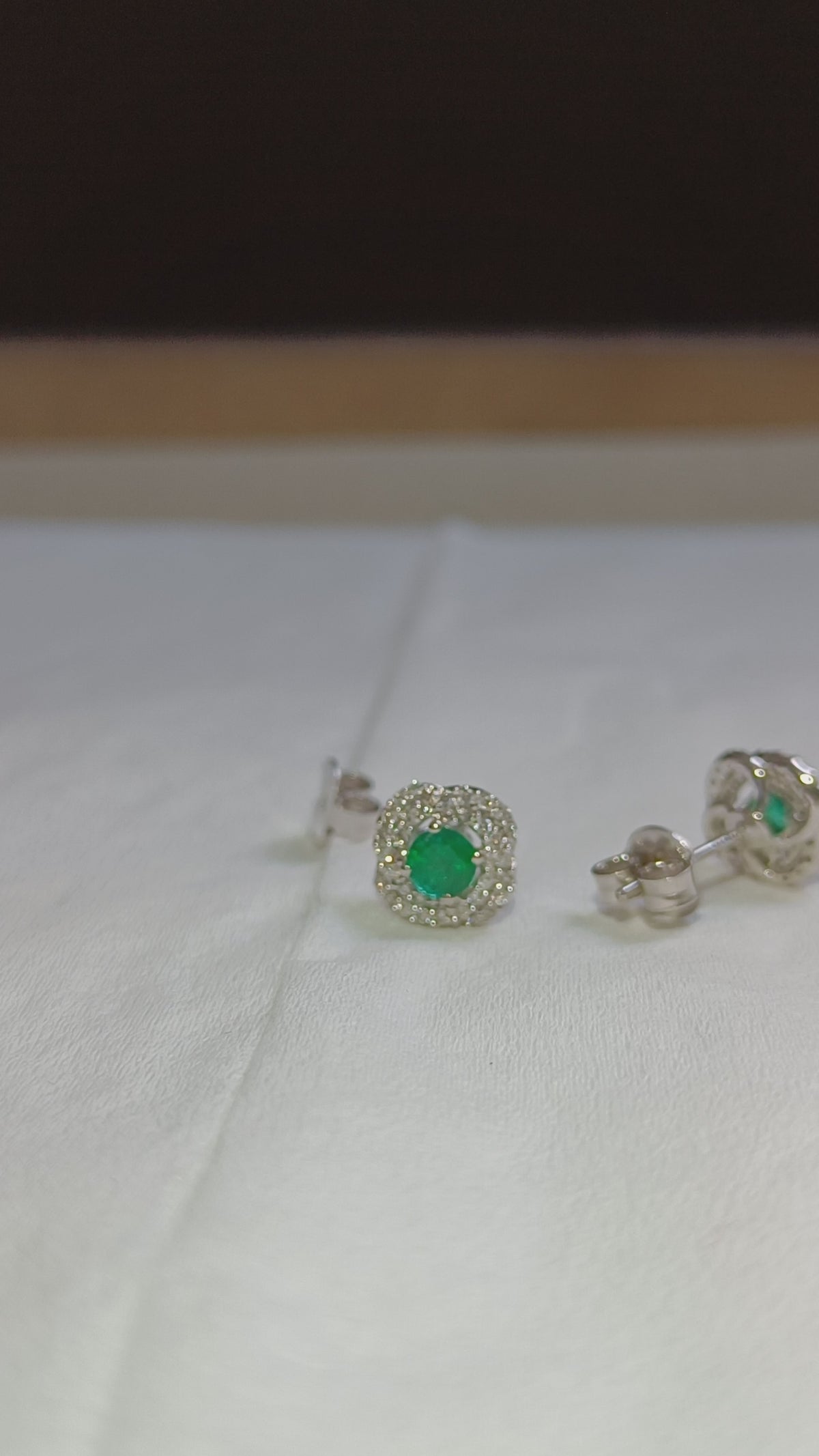 Round Emerald Pave Diamond Halo Stud Earrings In 14k White Gold