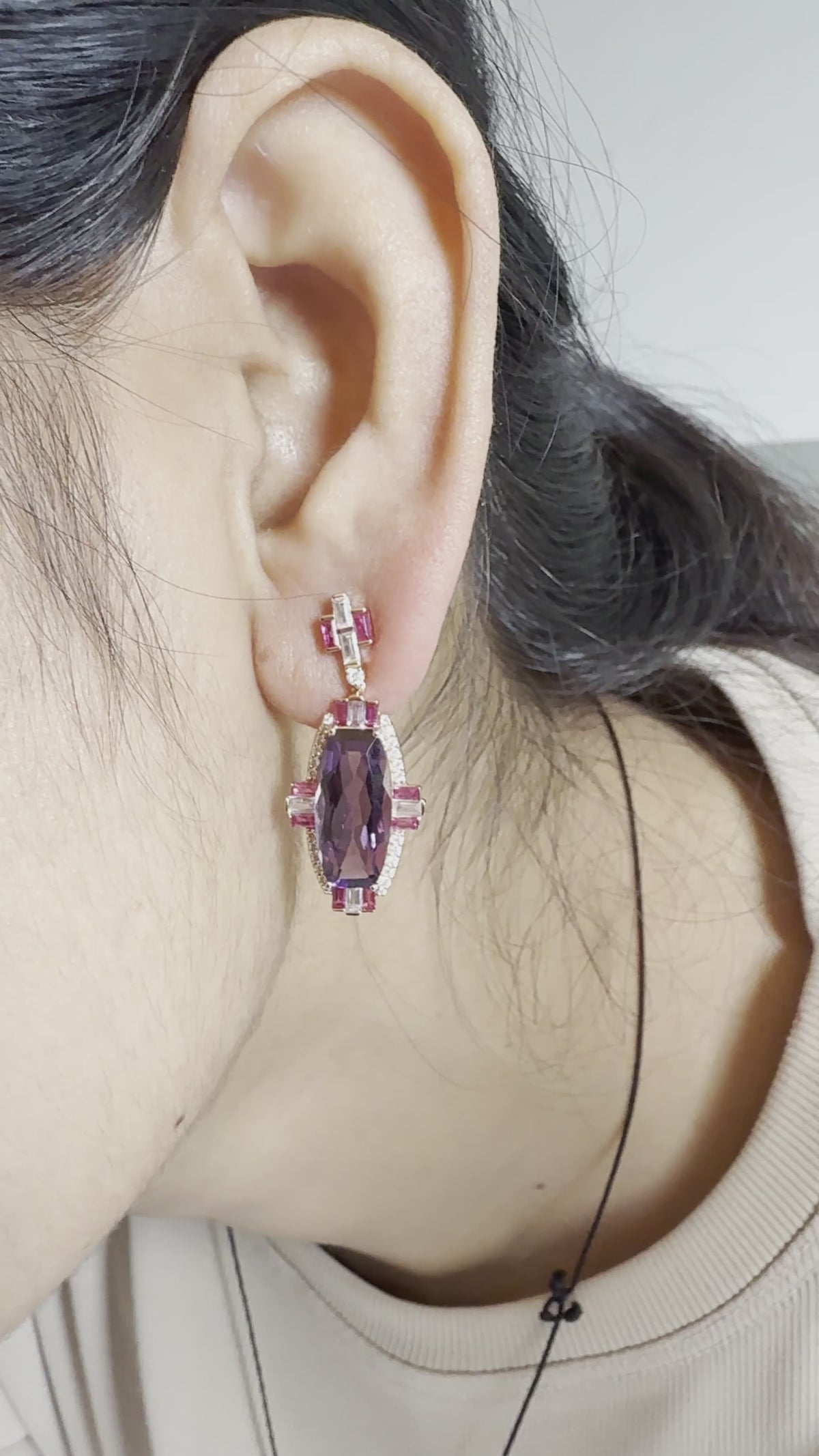 14K Rose Gold Amethyst, Ruby, Sapphire & Diamond Art Deco Earrings