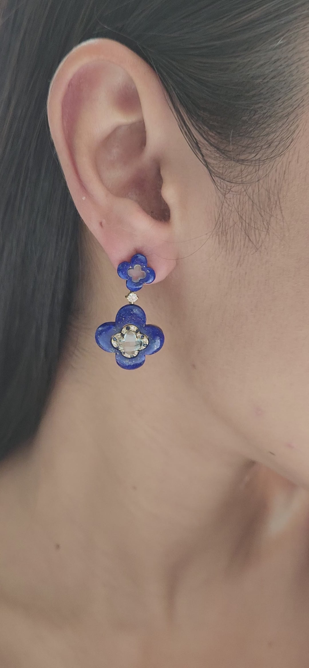 18K Yellow Gold Lapis Lazuli, Blue Topaz, Blue Sapphire & Diamond Clover Earrings