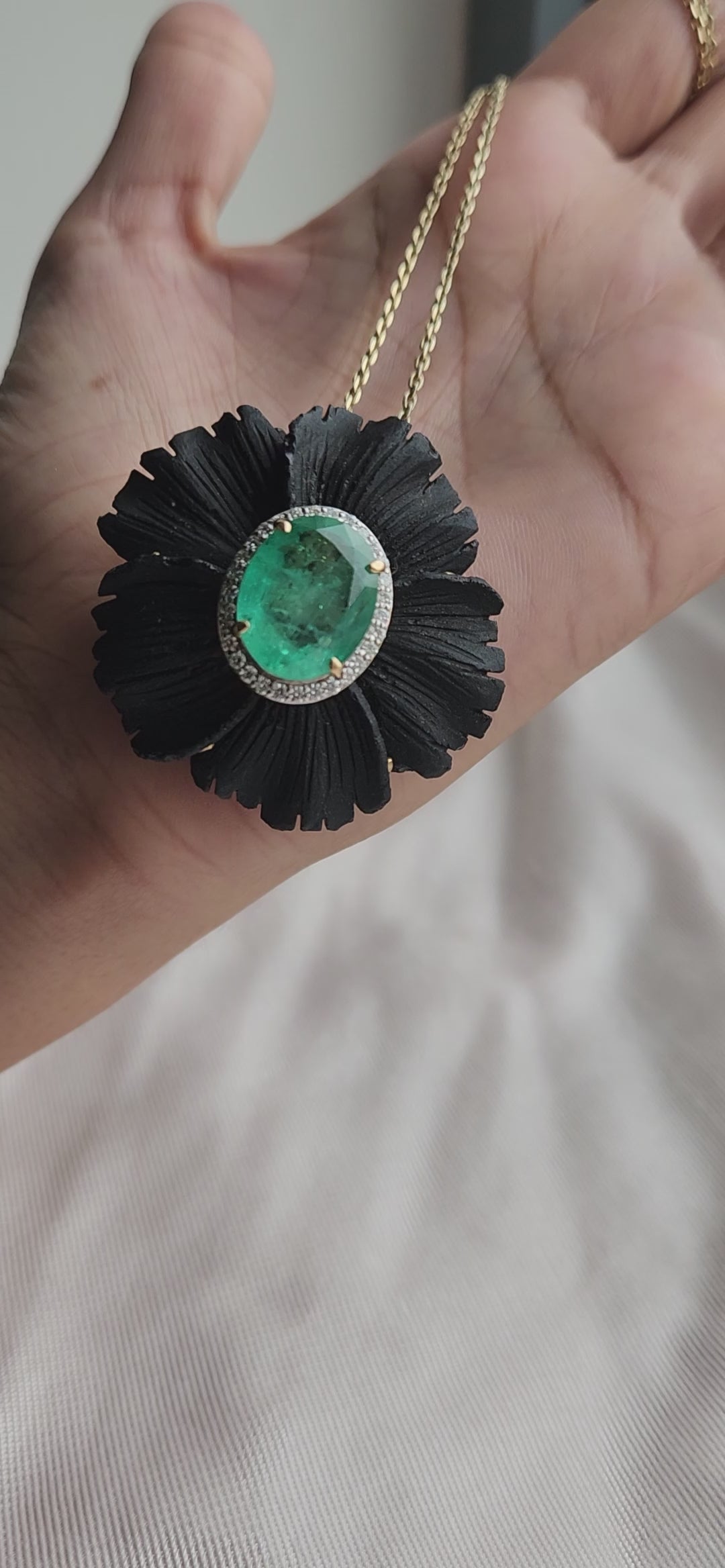 18K Yellow Gold Emerald, Black Onyx & Diamond Flower Pendant