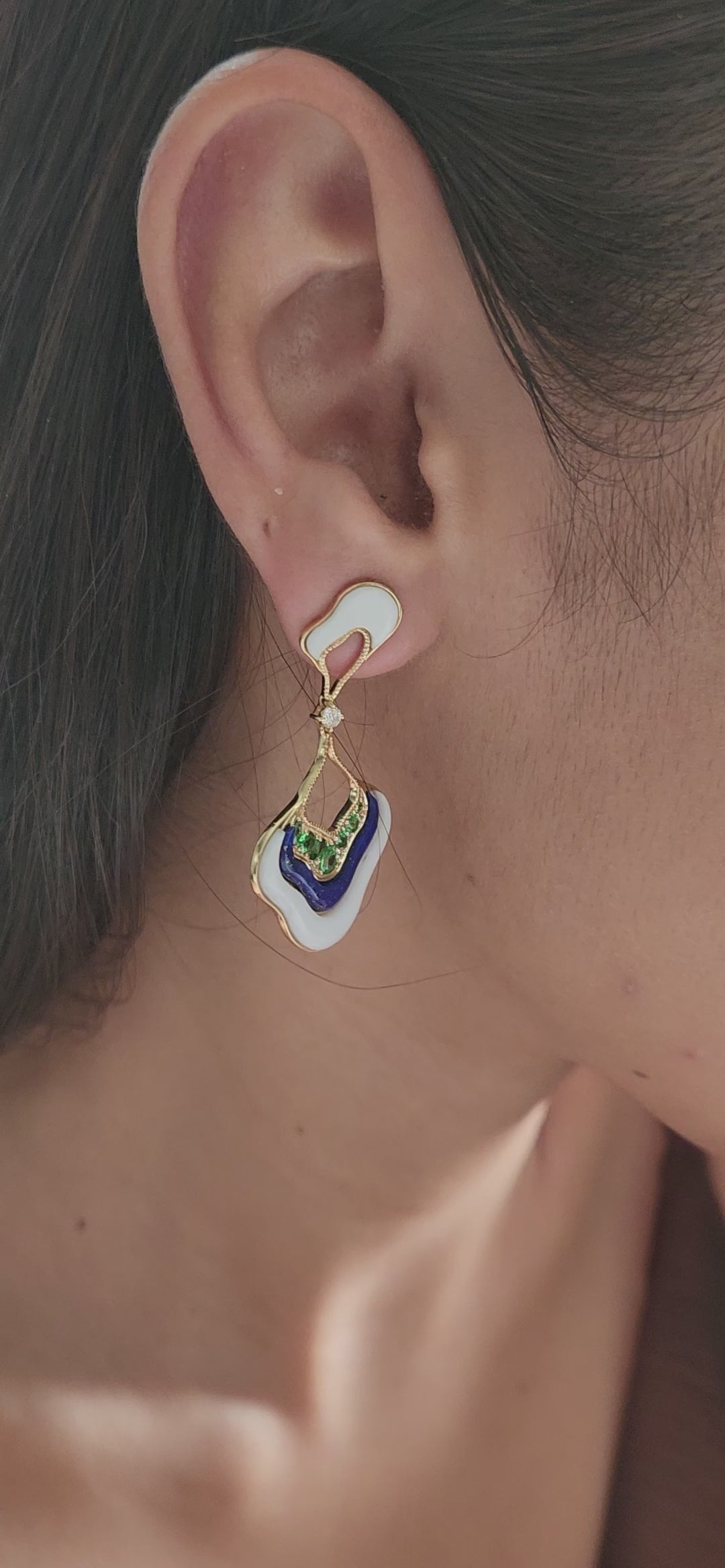 18K Yellow Gold Lapis Lazuli, White Onyx, Tsavorite & Diamond Abstract Earrings