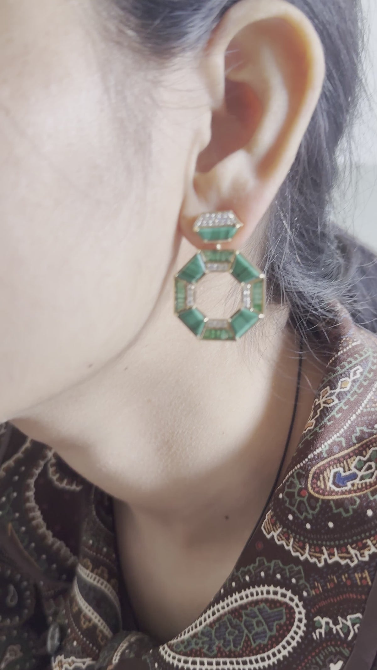 Malachite & Baguette Emerald Pave Diamond Dangle Earrings in 18K Yellow Gold