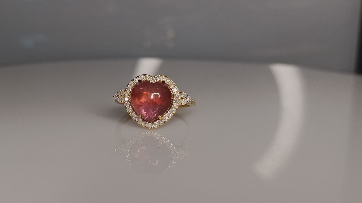 Pink Tourmaline Pave Diamond Heart Solitaire Ring In 14K Yellow Gold