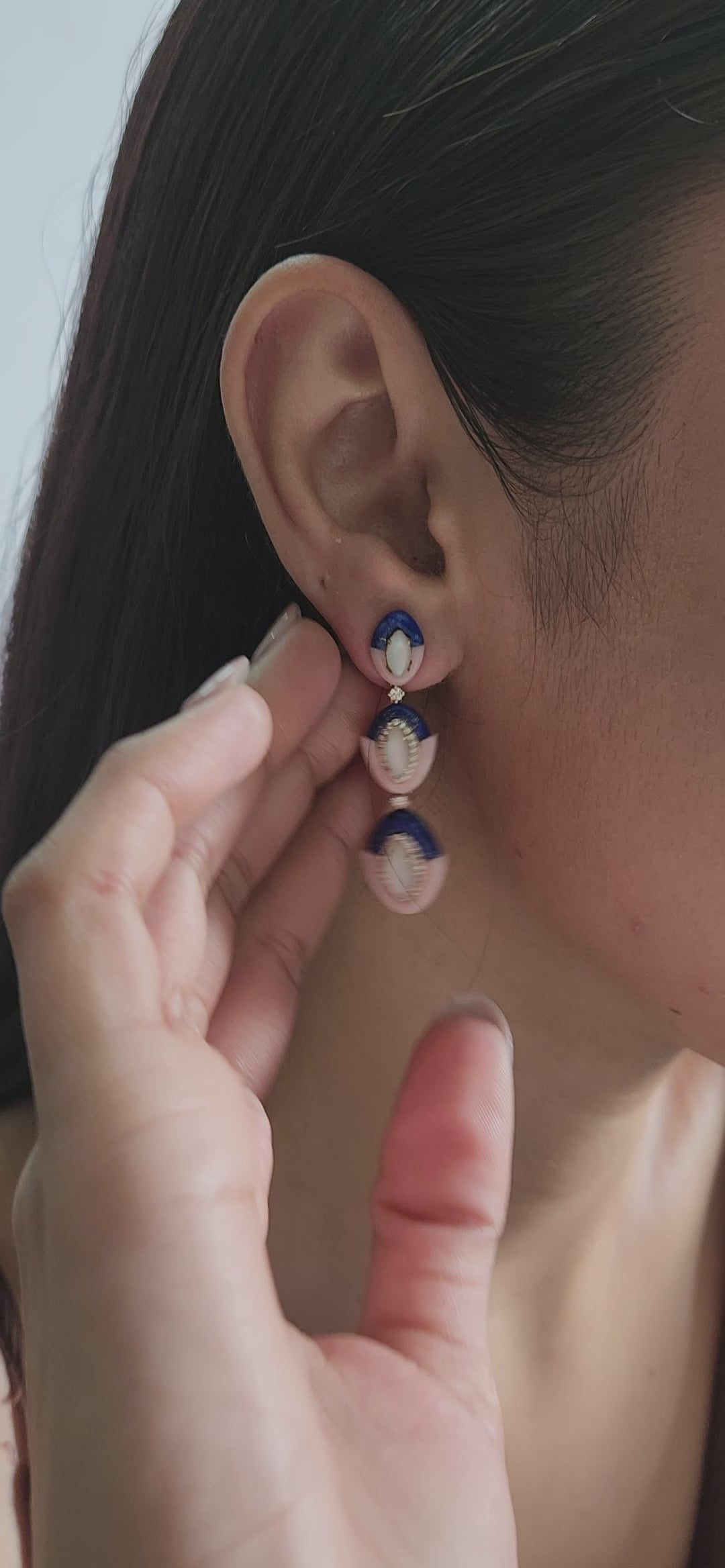 18K Yellow Gold Lapis Lazuli, Pink Opal, Moonstone & Diamond Triple Drop Earrings