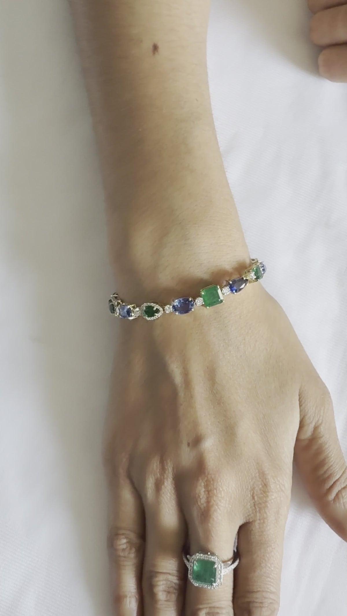 14K Yellow Gold Emerald, Blue Sapphire & Diamond Wedding Bracelet