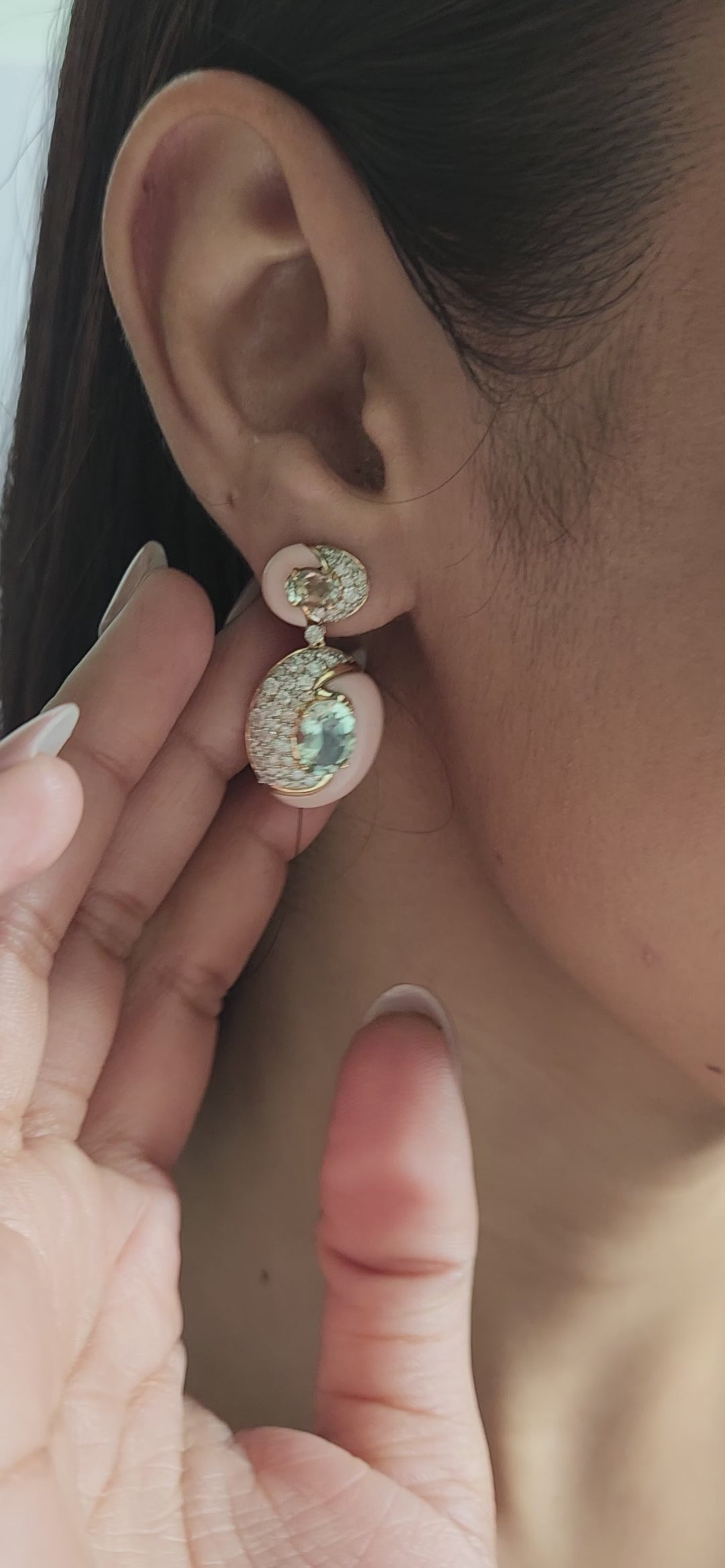 18K Yellow Gold Pink Opal, Green Amethyst & Diamond Drop Earrings