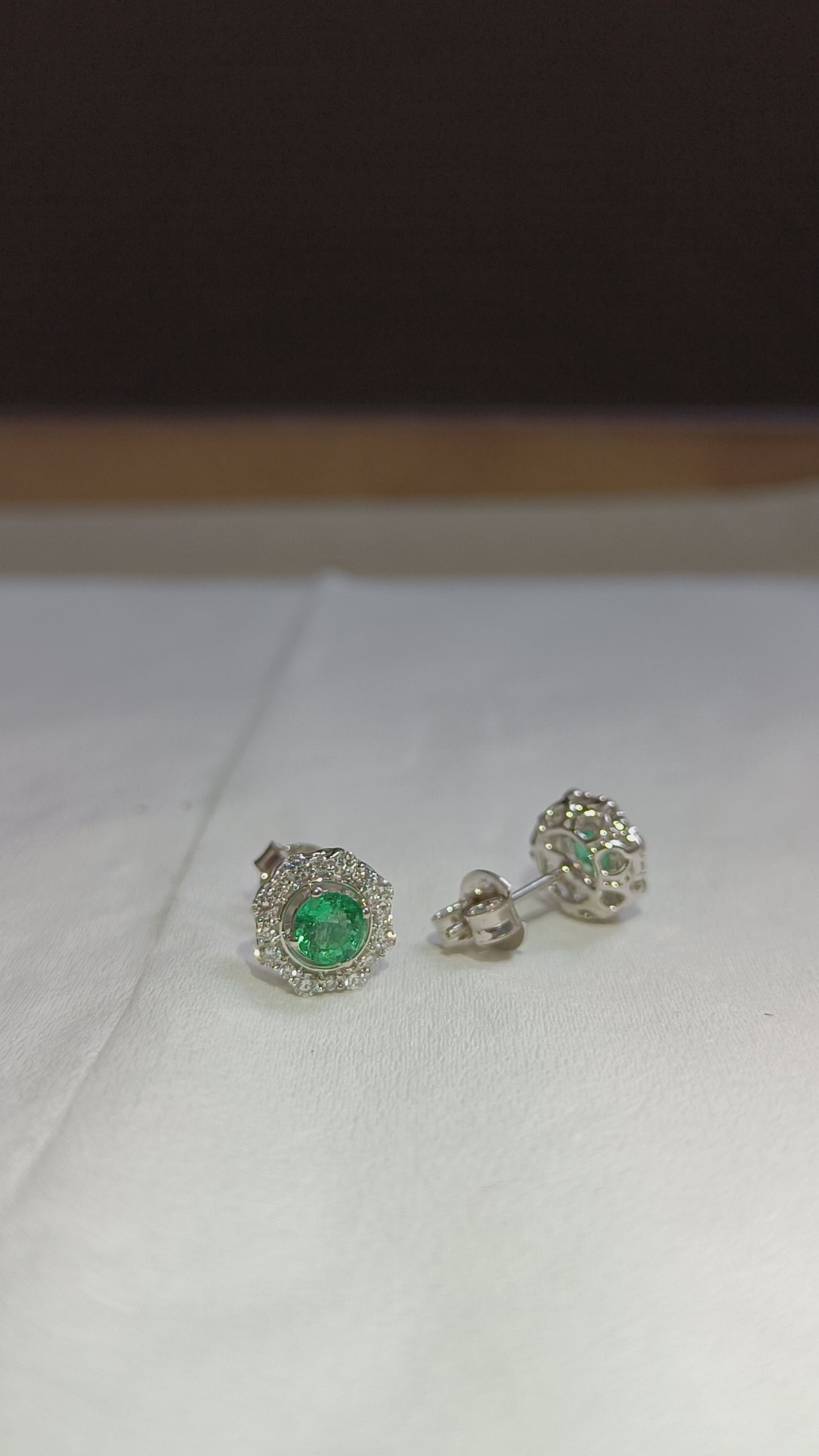 Emerald Gemstone Pave Diamond Stud Earrings In 14k White Gold