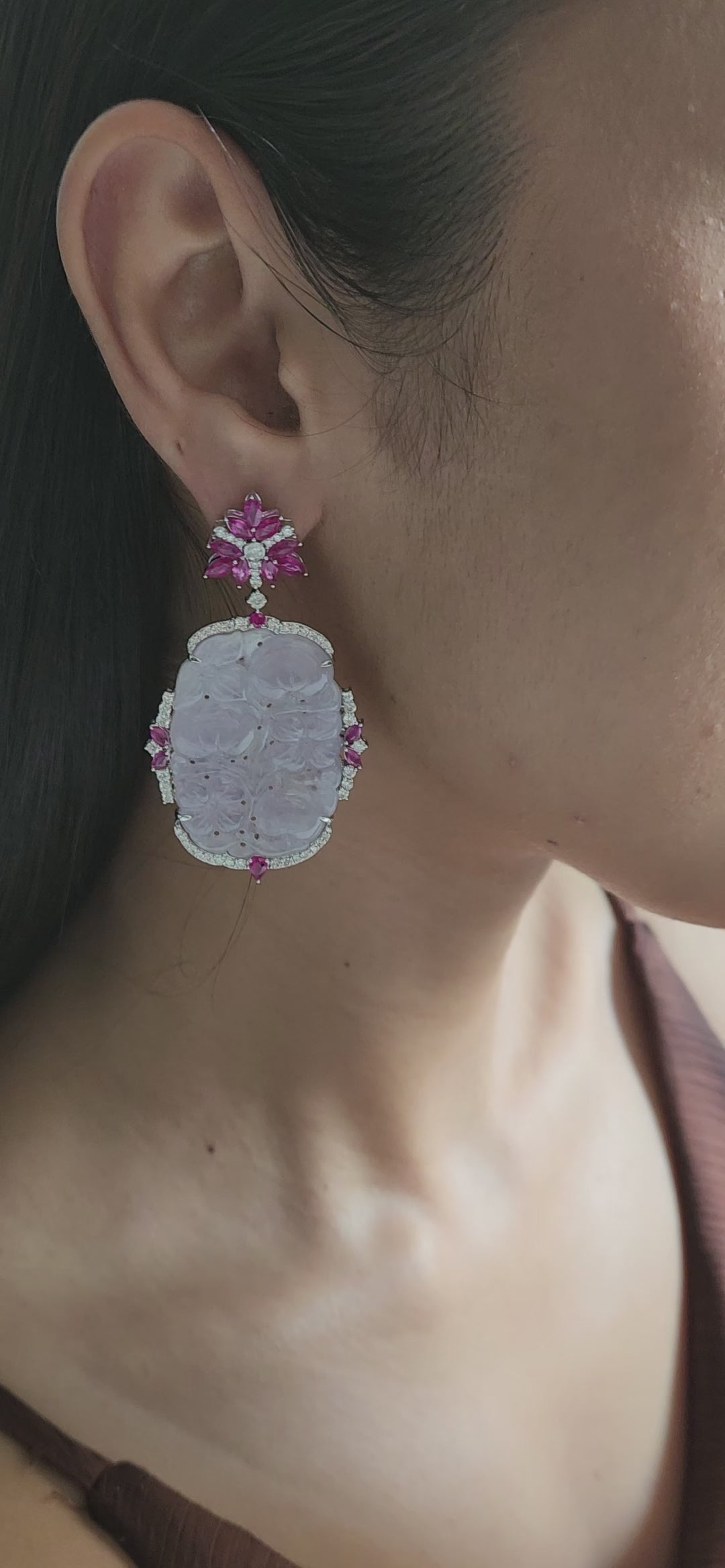 Marquise Ruby Carved Jade Pave Diamond Danglers in 18K White Gold