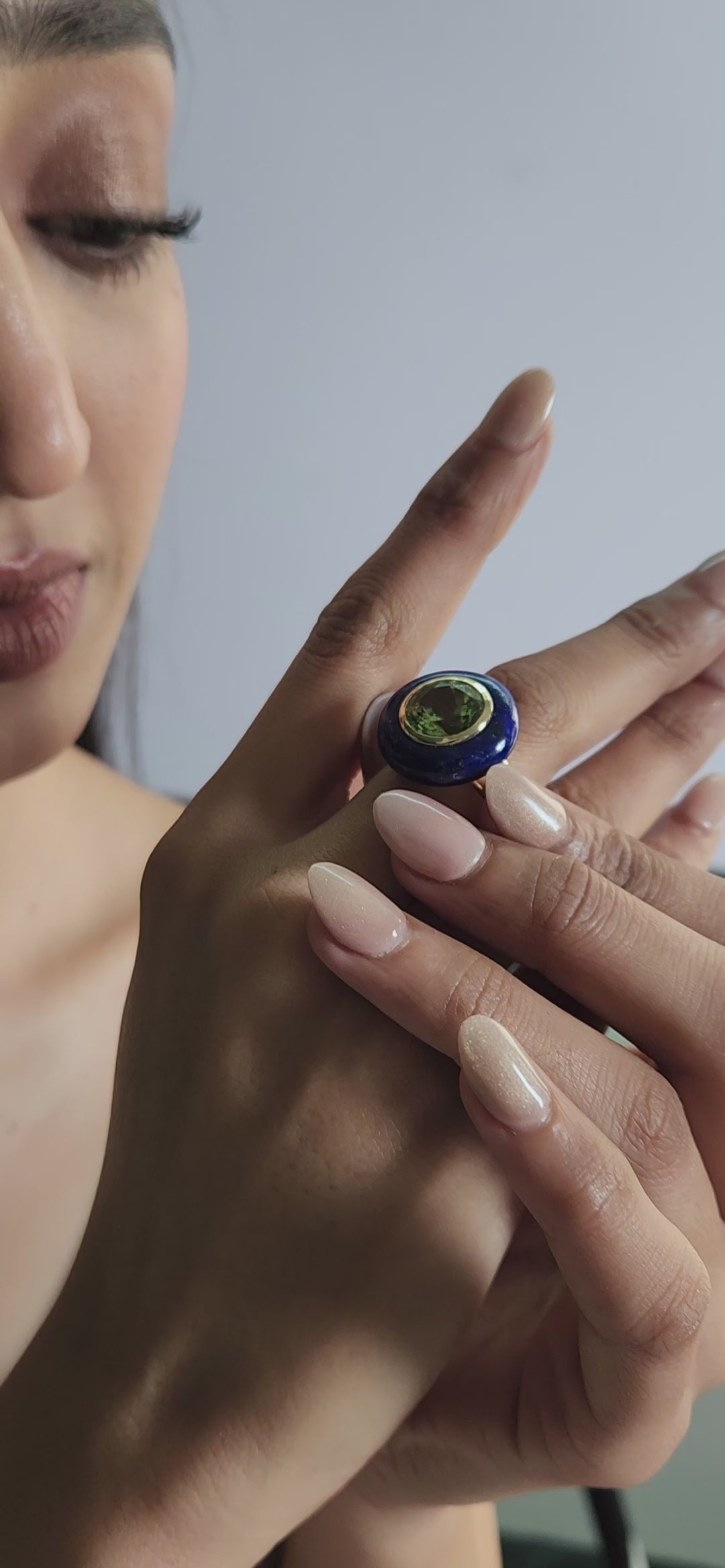 14K Yellow Gold Lapis Lazuli & Green Tourmaline Statement Ring