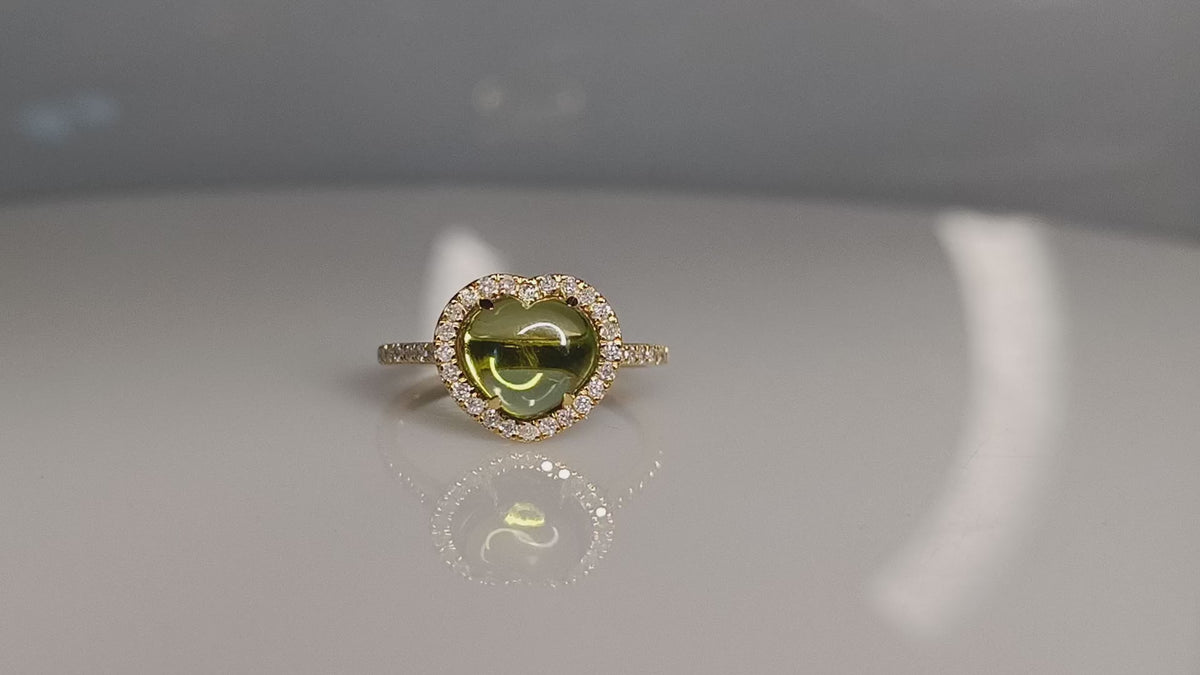 Peridot Pave Diamond Heart Solitaire Ring In 14k Yellow Gold