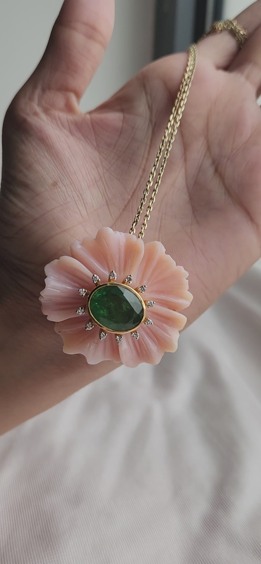 18K Yellow Gold Emerald, Carved Pink Opal & Diamond Flower Pendant