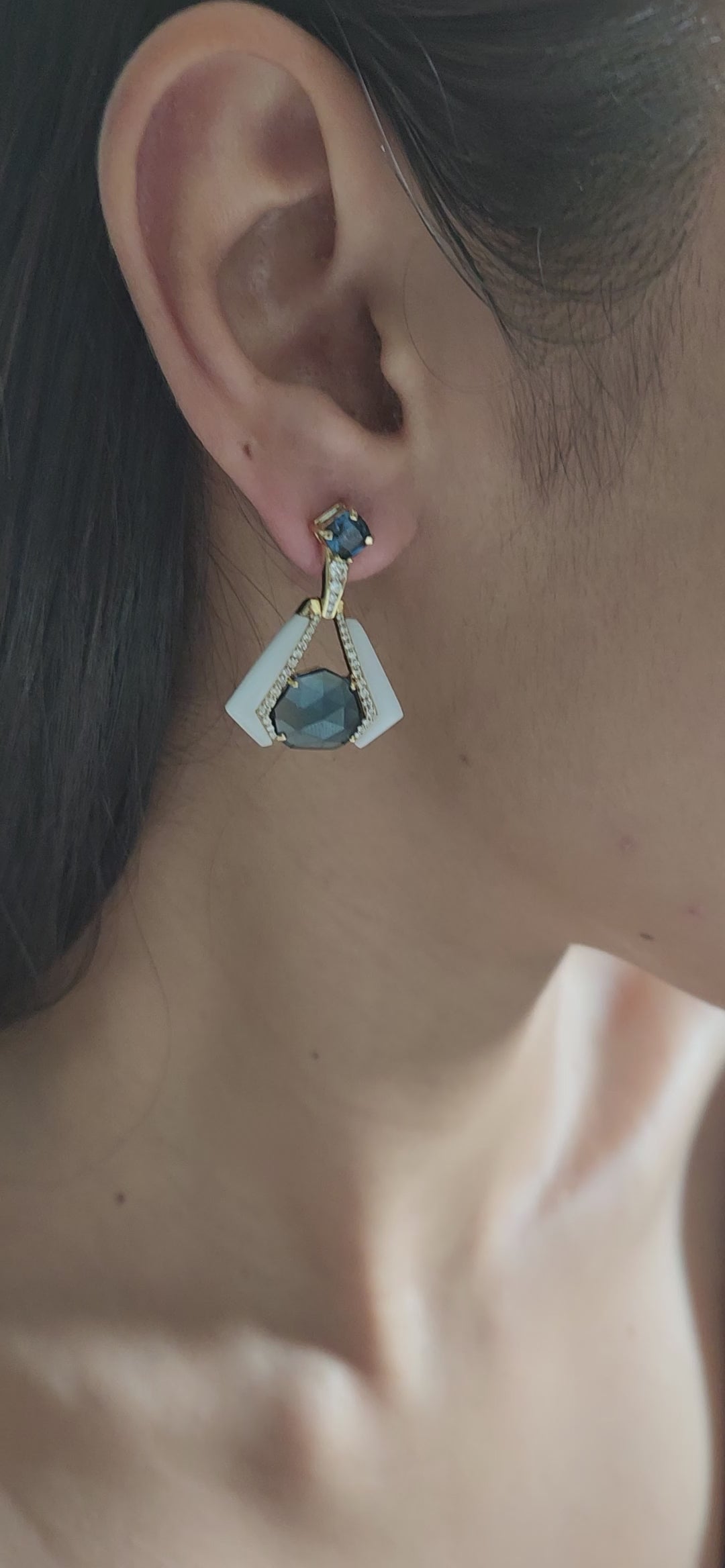 18K Yellow Gold London Blue Topaz, Onyx & Diamond Geometric Drop Earrings