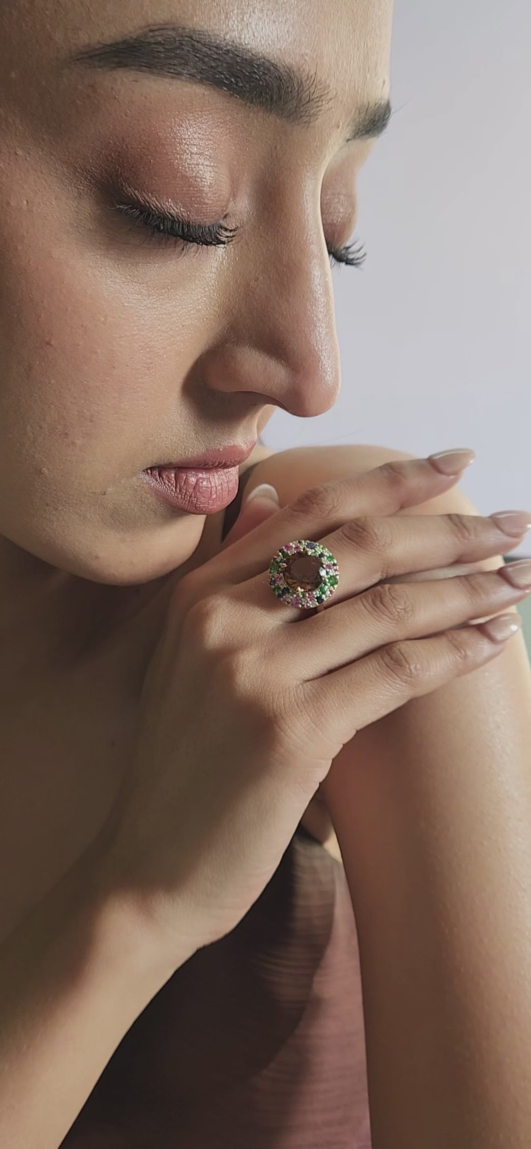 14K Yellow Gold Oval Citrine, Tourmaline, Sapphire, Tsavorite & Diamond Halo Ring
