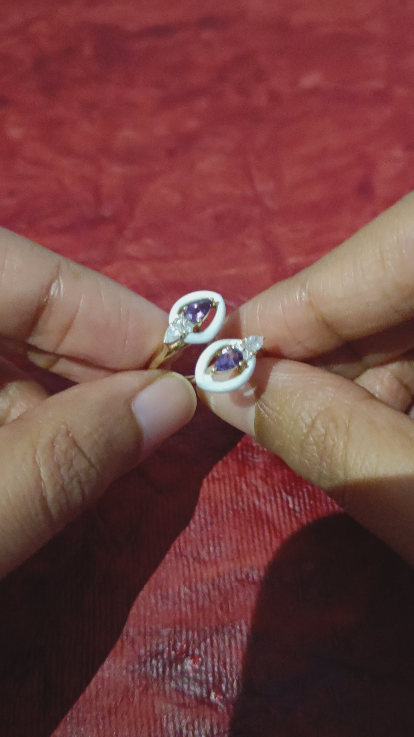 Pear Amethyst Diamond Enamel Bypass Ring In 14k Yellow Gold