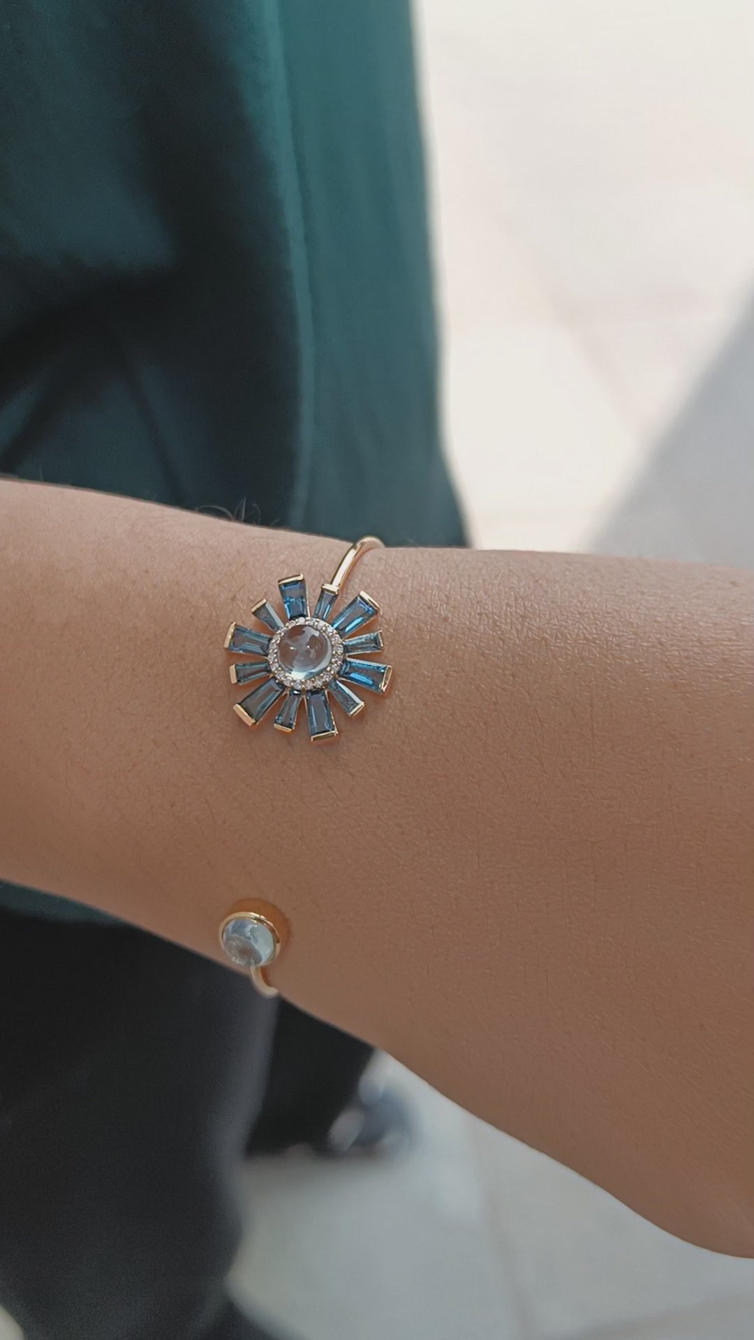 18K Yellow Gold Baguette Blue Topaz & Aquamarine Pave Diamond Open Cuff Bracelet