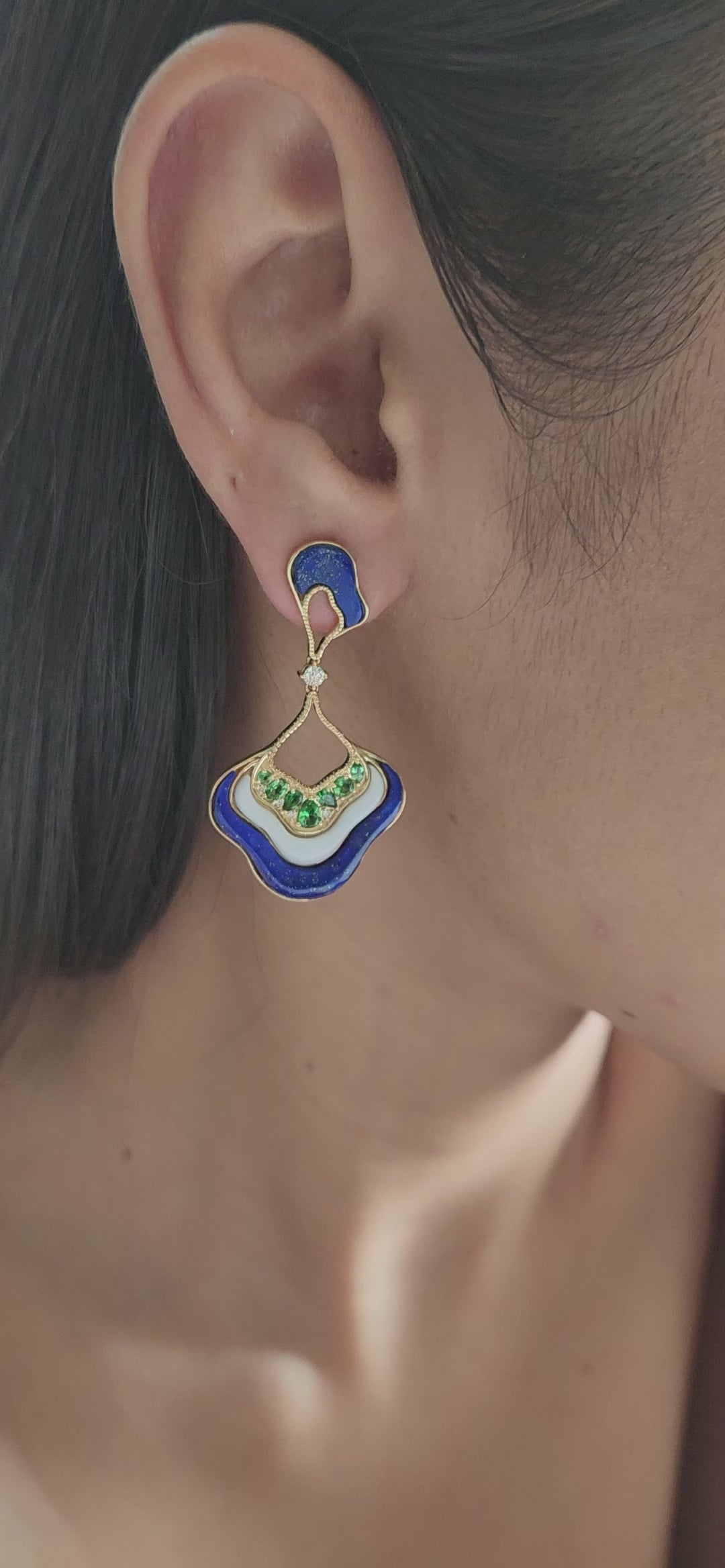 18K Yellow Gold Lapis Lazuli, White Onyx, Tsavorite & Diamond Abstract Earrings
