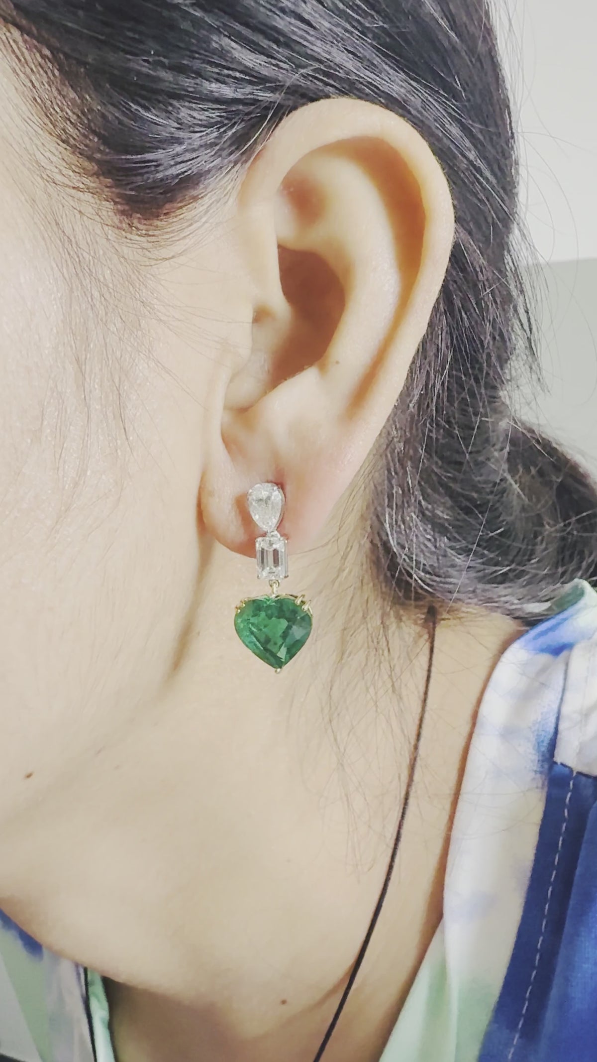 18K White & Yellow Gold Heart Emerald Baguette Diamond Drop Earrings