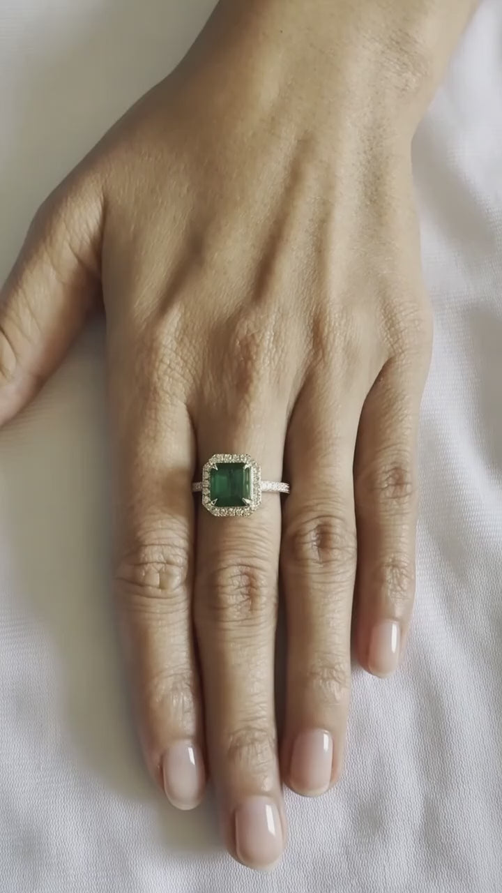 14K White Gold Emerald Cut Emerald & Diamond Halo Engagement Ring