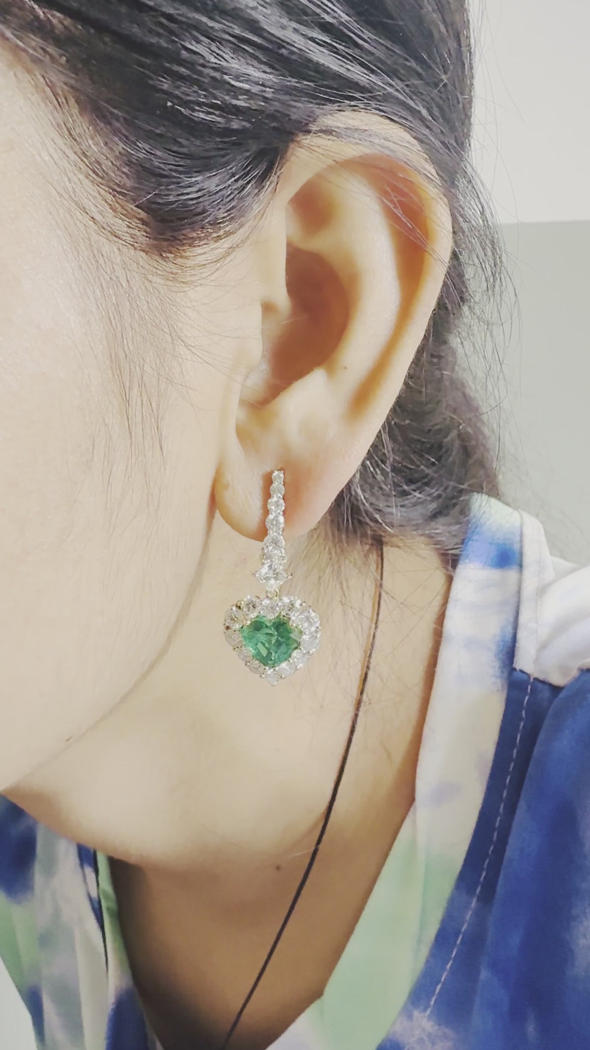 18K Yellow Gold Emerald Heart Diamond Halo Drop Earrings