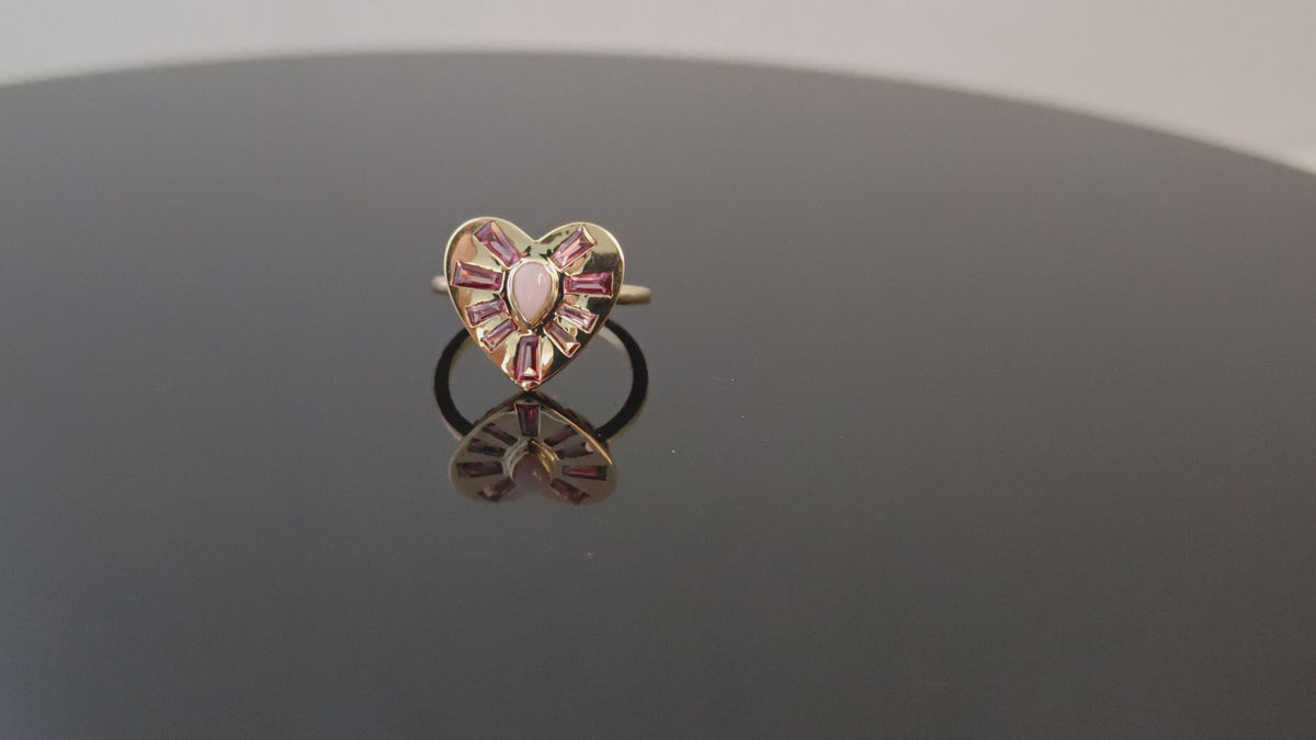 Tapered Rhodolite Tourmaline Opal Gemstone Heart Ring In 18k Yellow Gold