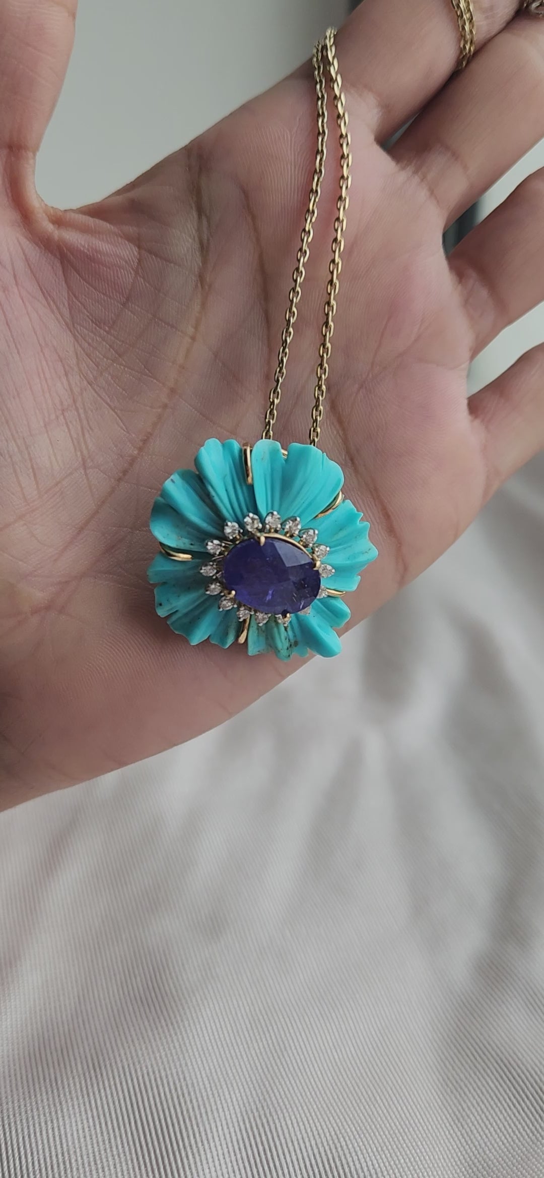 18K Yellow Gold Carved Turquoise, Blue Sapphire & Diamond Flower Pendant