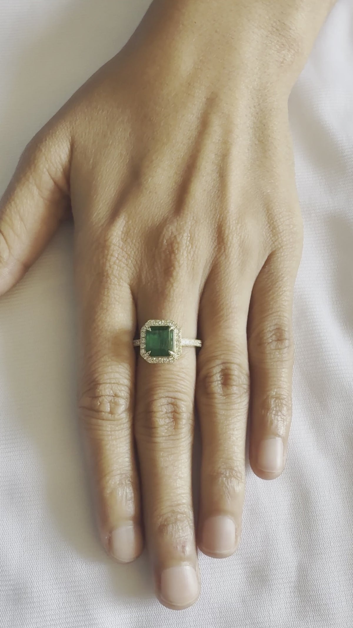 14K Yellow Gold Square Emerald Cut Emerald Diamond Halo Ring