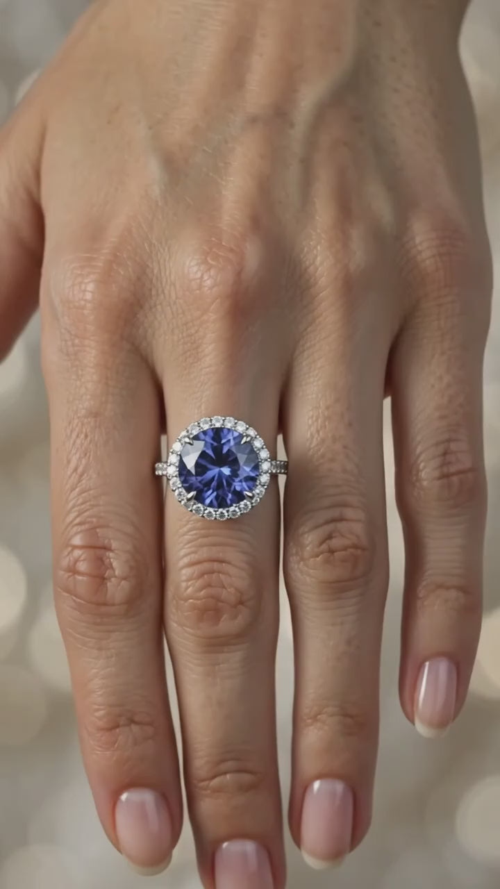 18K White Gold Round Tanzanite Diamond Halo Solitaire Ring