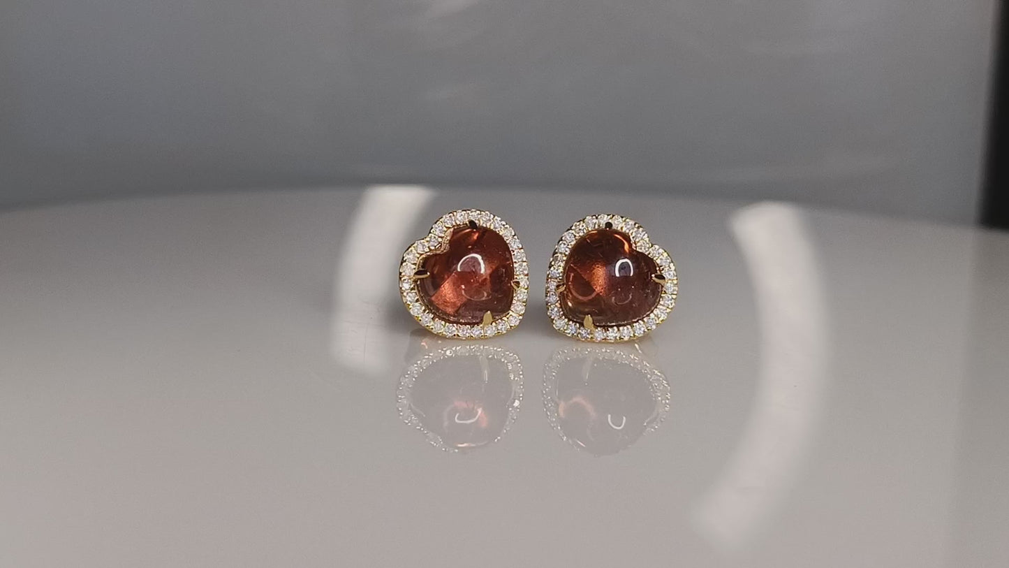 Pink Tourmaline Gemstone Pave Diamond Heart Earrings In 14k Yellow Gold
