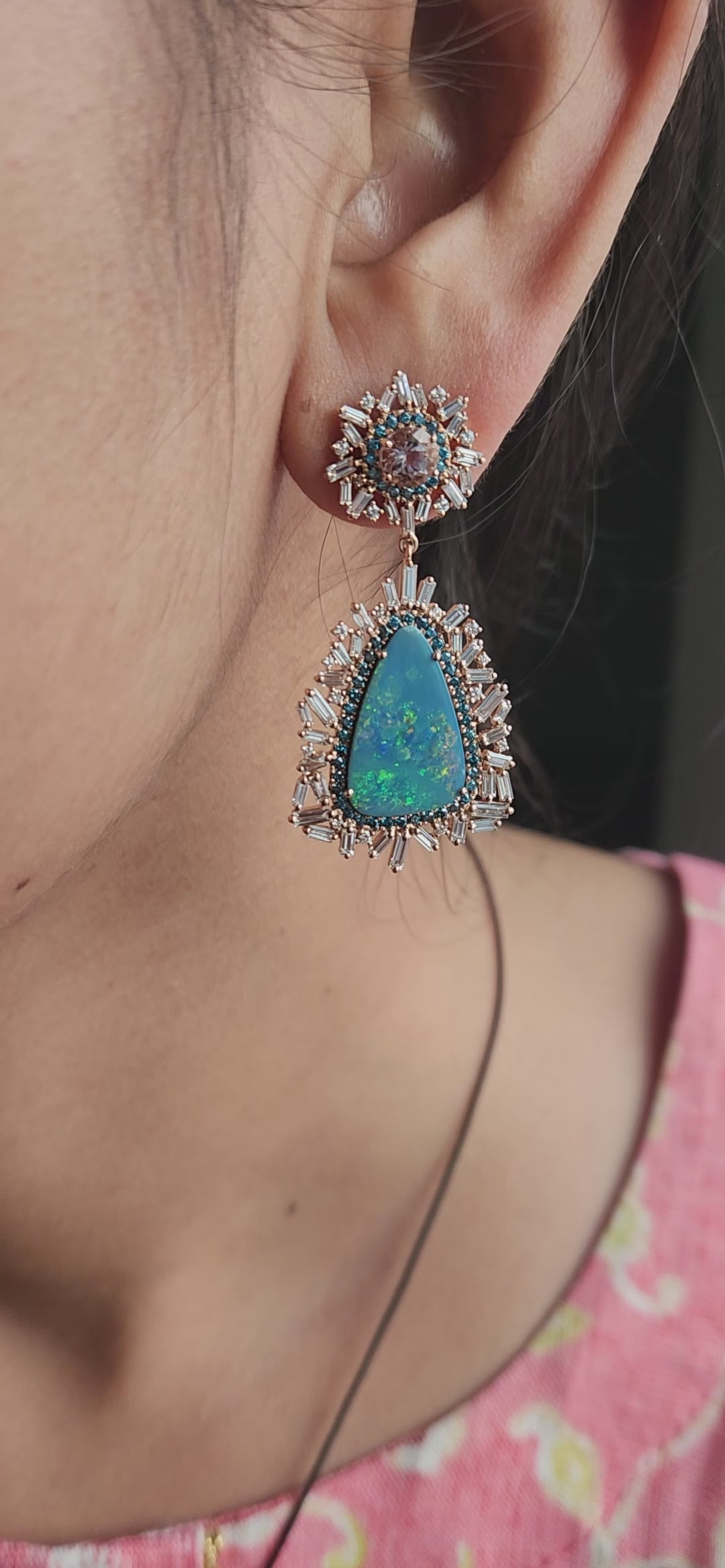 18K Rose Gold Blue Opal Doublet, Morganite & Colored Diamond Drop Earrings